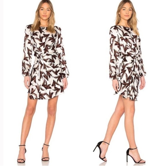A.L.C. Freja Silk Palm Print Twist Knot Front Mini Dress in Eggshell Khaki Sz 4 - Picture 4 of 13